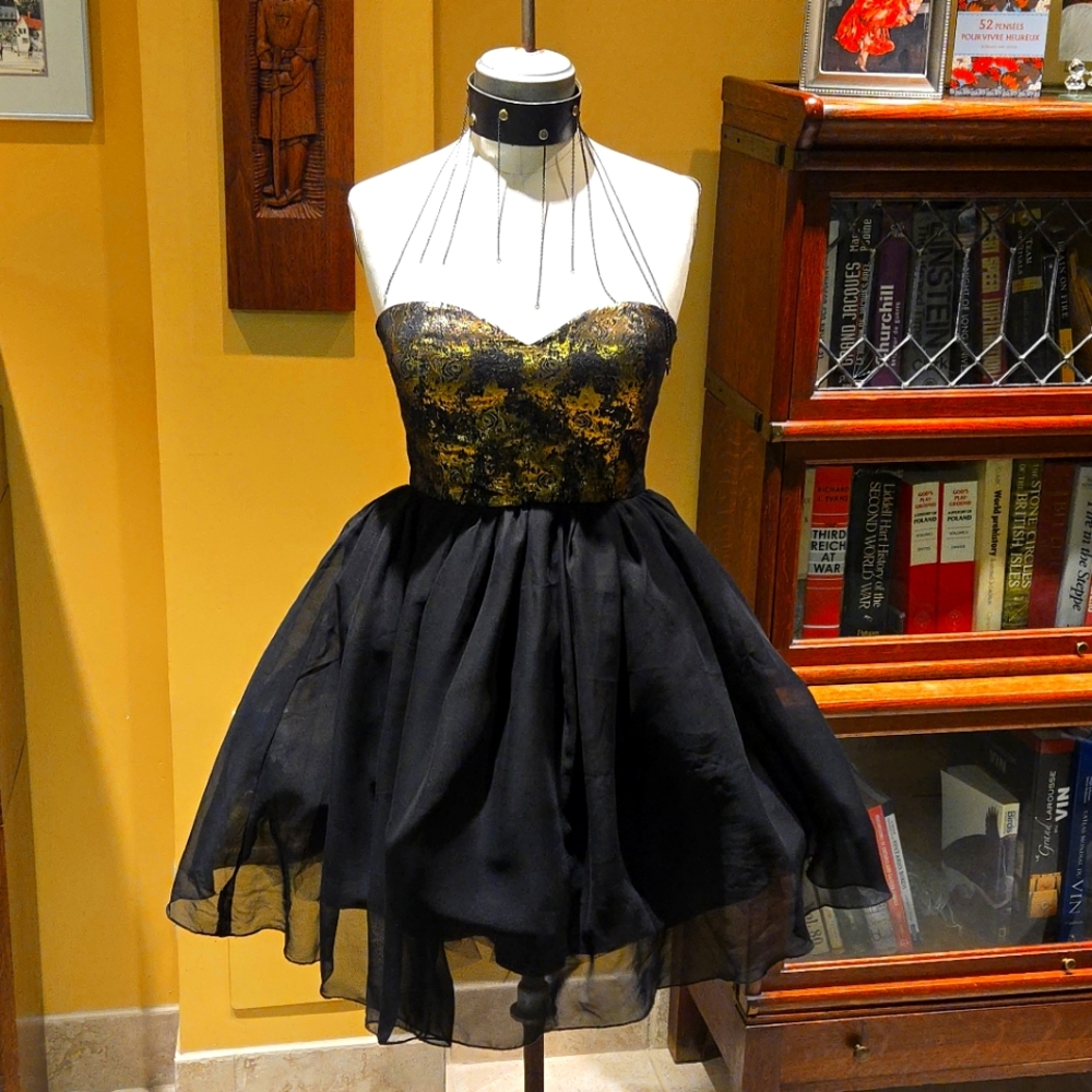 80s Prom/Party Mini Dress|Black & Gold Floral Motifs Corset|Tulle Short Skirt